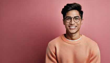 Fototapeta premium Handsome Smiling Man in Studio Portrait with Charming Look, Pastel Background, copyspace 