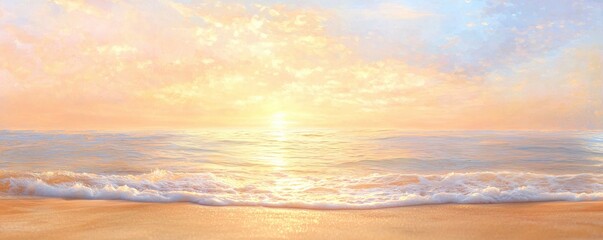 Fototapeta premium A serene coastal scene at sunset, showcasing vibrant colors in the sky reflecting on gentle ocean waves.