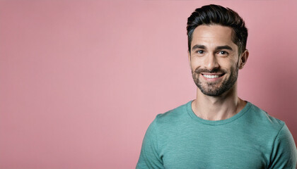Fototapeta premium Handsome Smiling Man in Studio Portrait with Charming Look, Pastel Background, copyspace 