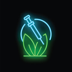 Neon syringe injecting green leaves symbolizing biotechnology innovation in healthcare and agriculture