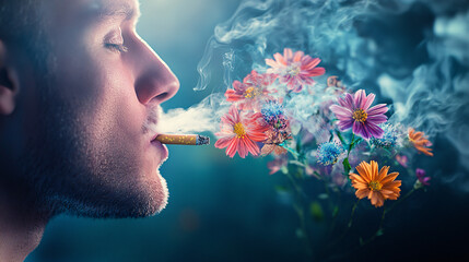 A man blowing into a cigarette, but instead of smoke, colorful flowers emerge, symbolizing the transformation of health and vitality that comes with quitting smoking. 