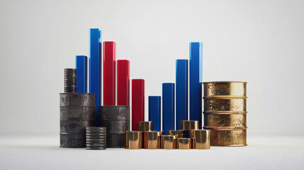 Brent or WTI Oil and gold price chart, Economic growth concept with 3d bar chart and oil barrels with copy space