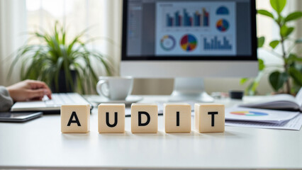 Financial audit concept with office supplies and computer in modern workspace