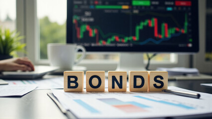 Financial investment concepts with bonds and market analysis with copy space