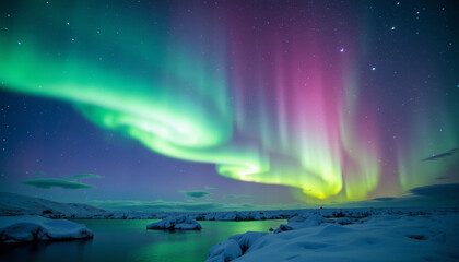 Naklejka premium Captivating aurora lights dancing over icy landscape at night, nature's wonder