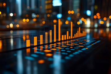 Financial charts and glowing binary code holograms, contemporary office space generated with AI