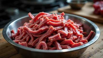 Beef Tallow in a pan on a wooden table.