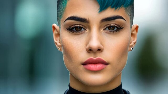 Young Latino female with vibrant teal mohawk design, celebrating personal expression and artistic style