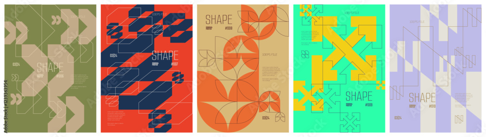 Aufkleber Minimal artwork colorful trendy poster, abstract geometric composition graphic in Y2K aesthetics, vector silhouette simple shapes print art modernism and brutal style A4 format set 2