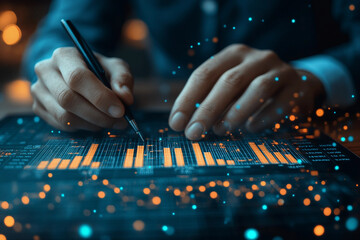 A digital dashboard with floating holographic charts and graphs generated with AI