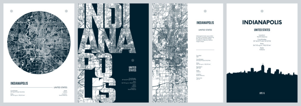 Set of travel posters with Indianapolis, detailed urban street plan city map, Silhouette city skyline, vector artwork
