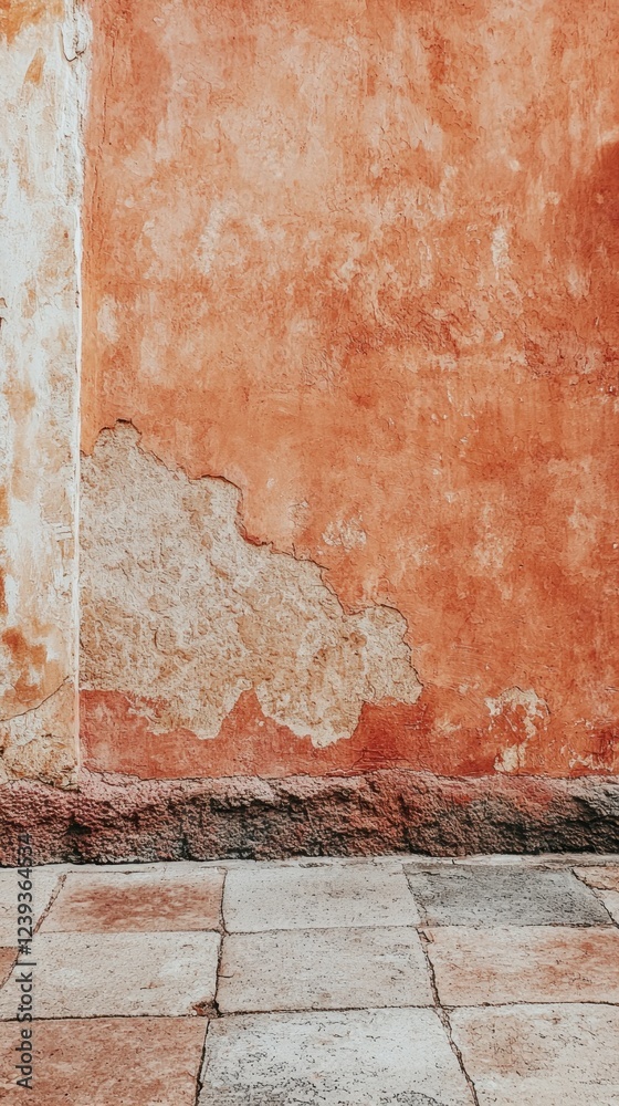 Poster the backdrop features a muted terracotta wall, showcasing an organic texture that hints at age and h