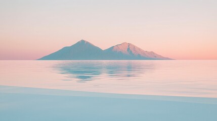Serene Mountain Reflection on Calm Water at Sunrise in Pastel Hues
