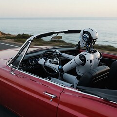 A humanoid robot operates a car, showcasing advanced AI and automation in self-driving technology.