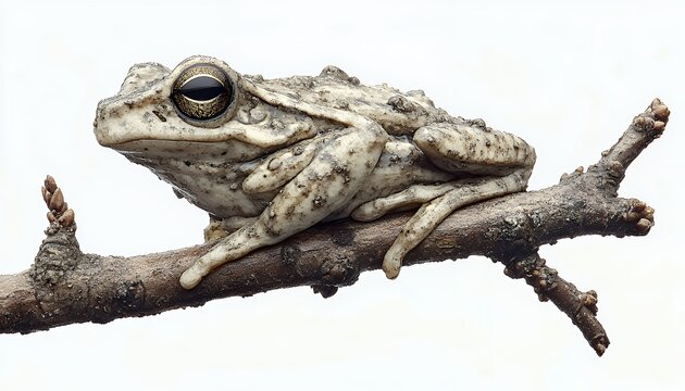 Camouflaged Tree Frog on Branch: A Serene Natural Study
