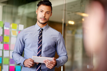 Listening, presentation and tablet with man in meeting for client proposal, progress update and workshop. Seminar project, timeline and teamwork with business people in agency for moodboard designer