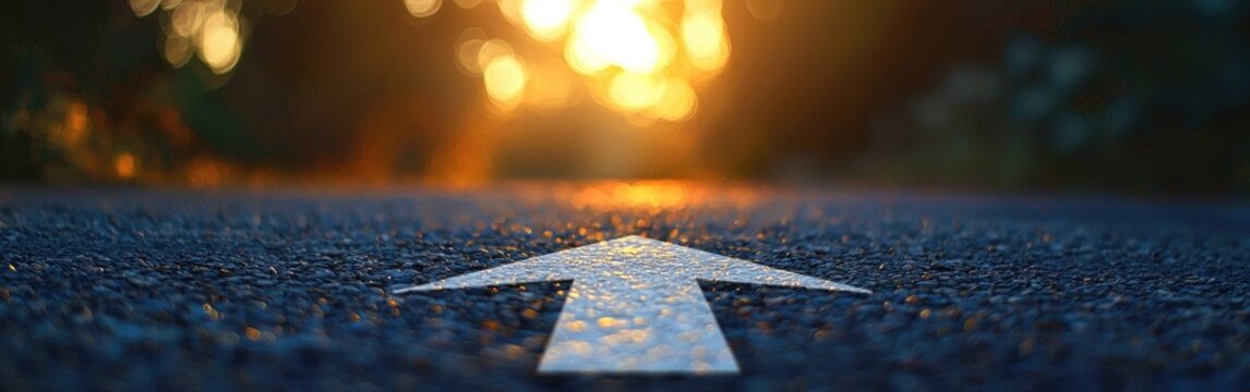 White arrow on asphalt road guiding the way during sunset for a promising future ahead