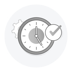 Gray Clock with Checkmark Icon. Scheduled Task Icon, Work Planning and Process Automation Symbol.