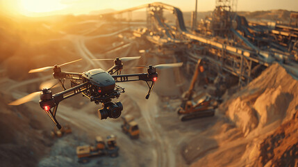 Drone Inspecting Quarry Machinery A rugged UAV drone with a mounted camera flies close to massive quarry machinery