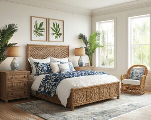 Sunlit Serenity: A Modern Bedroom Retreat with Rattan Chair & Tropical Prints