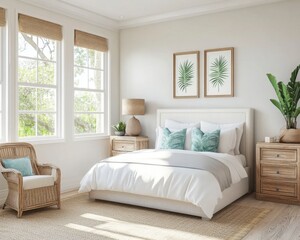 Sunlit Serenity: A Modern Bedroom Retreat with Rattan Chair & Tropical Prints
