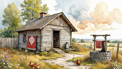Traditional Russian izba surrounded by wildflowers and chickens, rustic charm