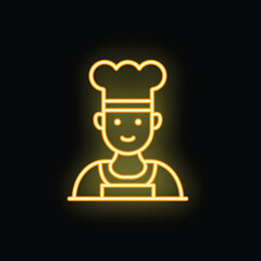 Yellow glowing neon icon of a chef wearing a toque and uniform smiling on a black background