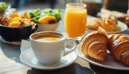 Continental breakfast with fresh croissants, orange juice and coffee, selective focuse. 