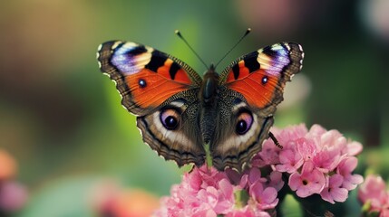 Obraz premium Vibrant peacock butterfly perched on pink flowers in garden