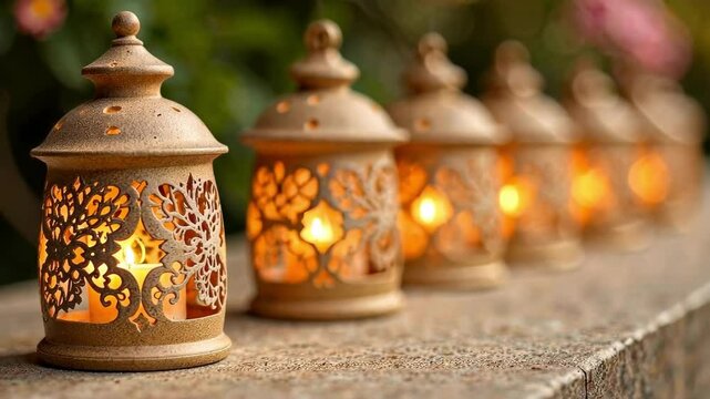 A row of candles with a patterned design on them. The candles are lit and are arranged in a line