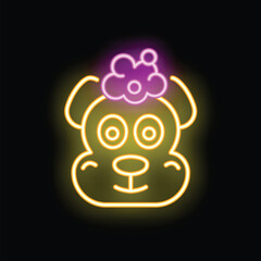 Minimalistic glowing neon icon of a dog taking a bath with foam on its head, isolated vector illustration on dark background
