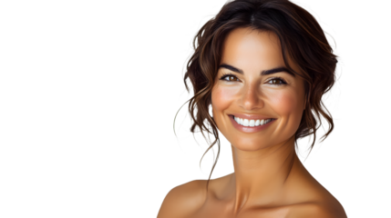 portrait of a beautiful woman with a radiant, happy smile, her flawless skin glowing under soft even lighting, exuding warmth and confidence, isolated on a transparent background
