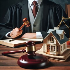 The judge is auctioning real estate, using a wooden gavel, and a house model.