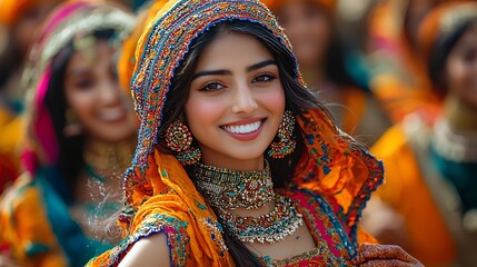 Fototapeta premium Vibrant Indo Pak festival where men and women in traditional attire are dancing together challenging gender norms by performing roles usually assigned to the opposite gender