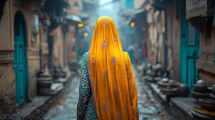 Obraz premium Woman in a colorful shalwar kameez walking through a narrow street in Lahore with traditional houses on either side reflecting on societal norms about femininity