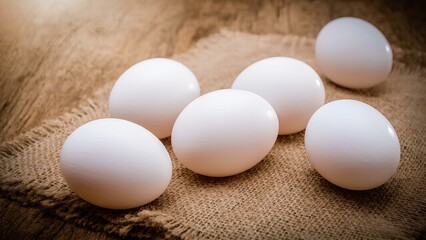 Fresh white chicken eggs on rye fabric, burlap on wooden brown surface in rustic interior. Rustic style, warmth and texture.
