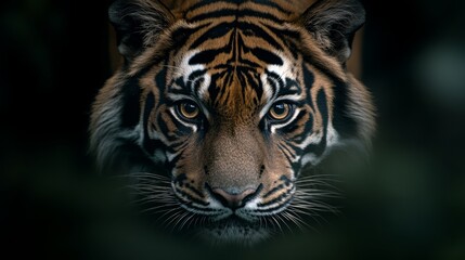 Fototapeta premium Close-up of a rare wild sumatran tiger in dense jungle. Close-up of a tiger's eyes in a wild jungle atmosphere.