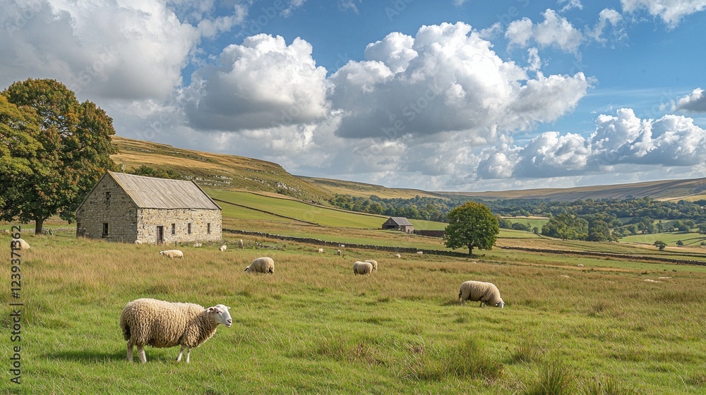 Poster soft sunlight bathes a serene field where sheep peacefully graze, surrounded by rolling hills and sc