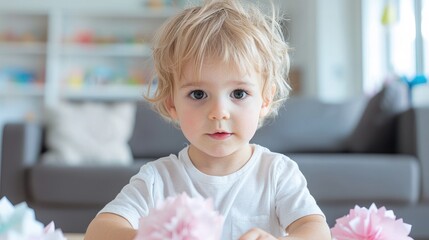 Fototapeta premium Toddler playing with paper flowers in living room