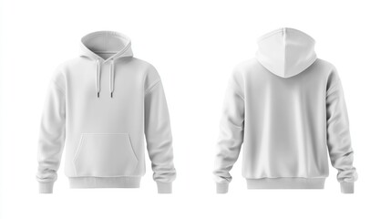 White hoodie mockup, front and back views, on white background, for clothing design