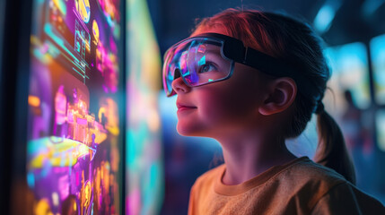 Child exploring augmented reality interactive exhibit with enthusiasm and wonder