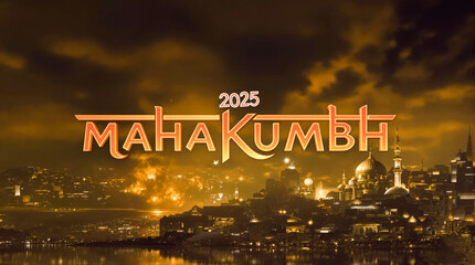 2025 MahaKumbh Festival Celebration with Scenic City Landscape at Dusk