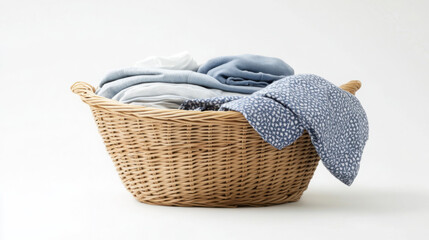 Obraz premium Neatly folded clothes in woven basket for laundry room organization concepts