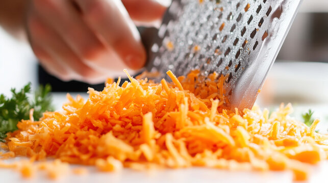 Close up of man grating fresh carrots for salad preparation
