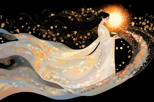 Amaterasu, the sun goddess, surrounded by celestial energy and traditional Japanese patterns