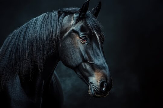 Elegant black mare in dim surroundings