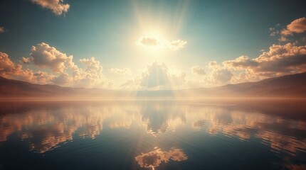 Tranquil landscape with sun and clouds reflected on the water for peaceful wallpapers