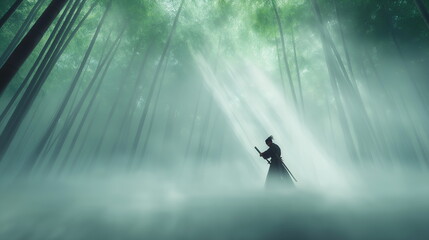 Samurai warrior standing in a misty bamboo forest, gripping a katana, wearing traditional armor