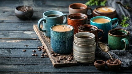 Captivating Display of Handmade Pottery Mugs on Rustic Wooden Surface