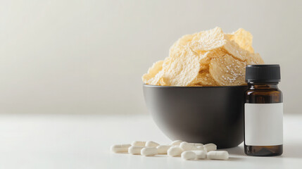 Close up of probiotic potato chips in black bowl with pills and bottle on white background
